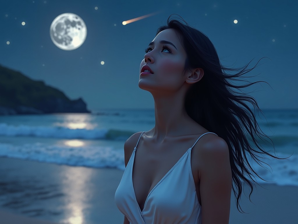 This image captures a beautiful woman standing on a moonlit beach at night. She has long flowing black hair and piercing green eyes, wearing a flowing white silk dress. Her expression shows wonder and longing as she gazes upward. A shooting star streaks across the deep blue and purple sky, adding to the magical atmosphere. The luminous water and silhouette of the woman create a sense of mystery and anticipation.