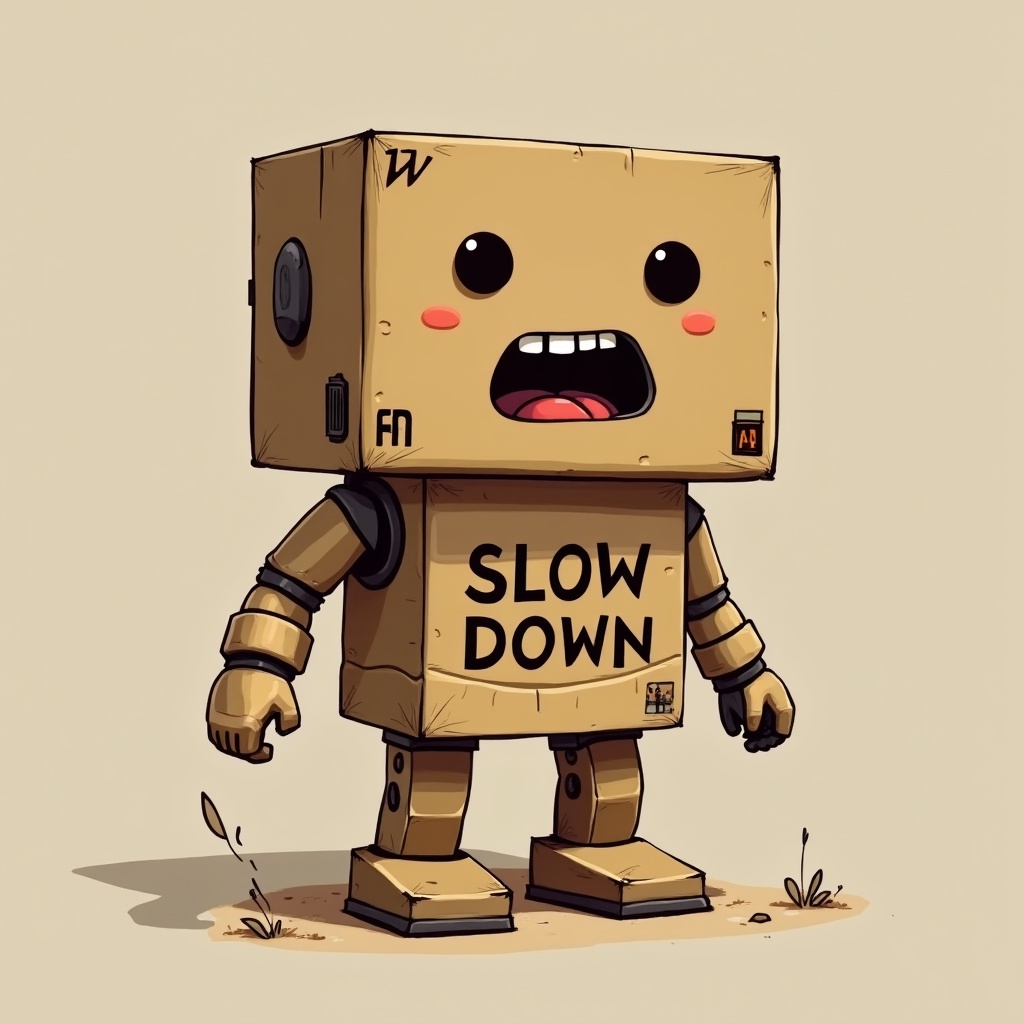 The image features a stylized robot made from cardboard boxes, with the words 'SLOW DOWN' printed prominently on its torso. The robot has a cute, expressive face with wide-open eyes and a small open mouth, giving it an animated and quirky appearance. The neutral background contrasts with the robot's brown and earthly tones, adding to the overall playful yet thoughtful message.