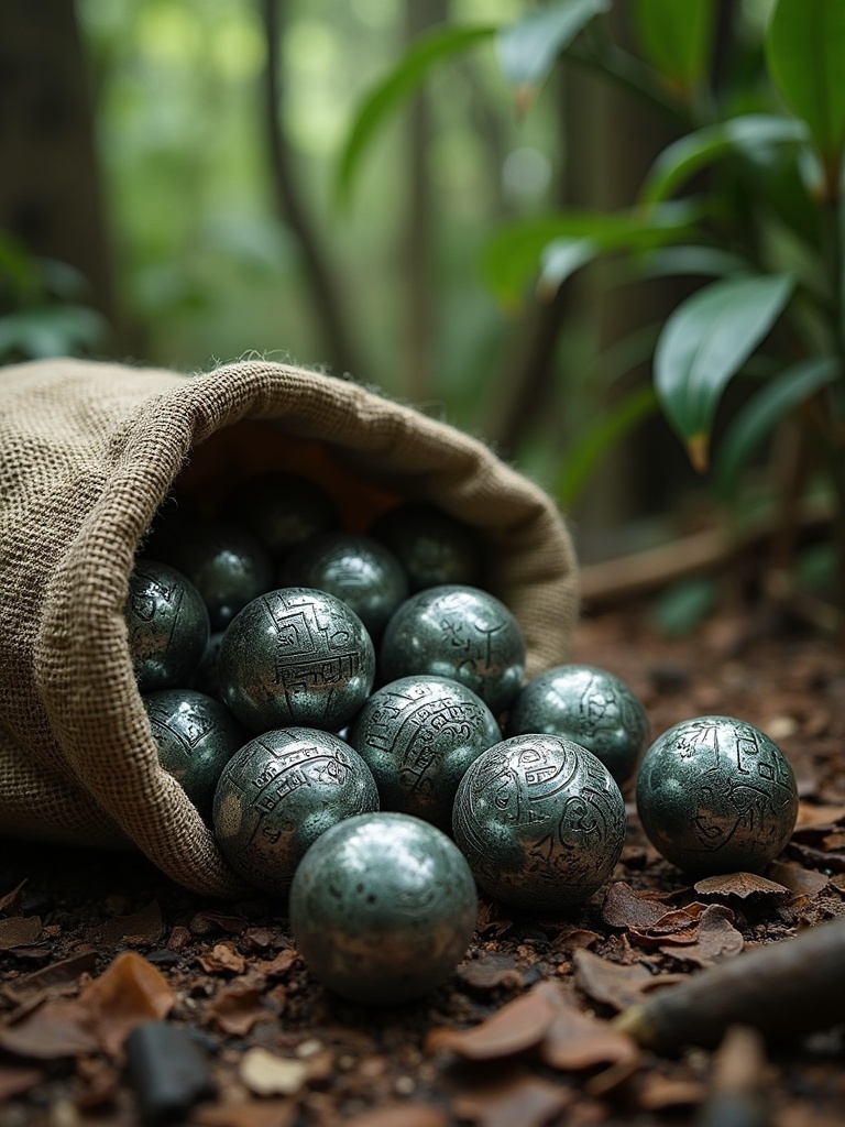 Round marbles made of oxidized sterling silver with etched Maya Hieroglyphs spill out of a worn burlap sack. The scene is on a forest floor, reminiscent of the Amazon jungle.