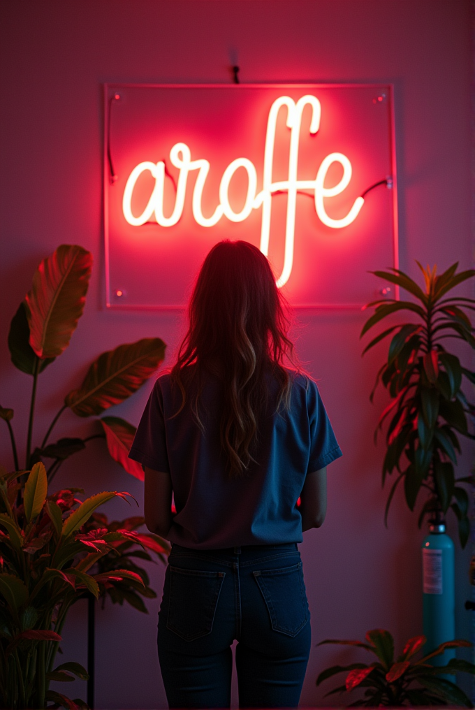 A person stands facing a bright neon sign displaying the word 'aroffe' with plants around them.