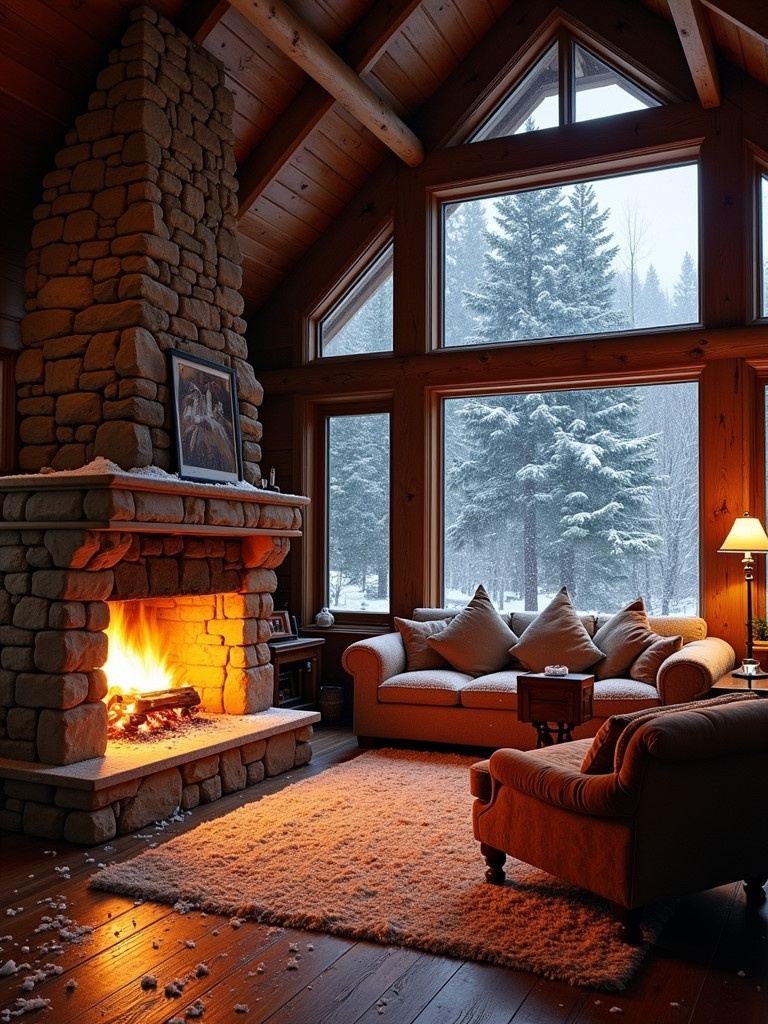 The image shows a cozy fireplace in a rustic cabin. The tall stone chimney is inviting. The fireplace's warm glow lights the room. Large wooden beams support the ceiling. Snow falls gently outside the window. The floor has some scattered snow bits. Seating is comfortable near the fireplace. The ambiance is peaceful and inviting. This scene represents tranquility and comfort.