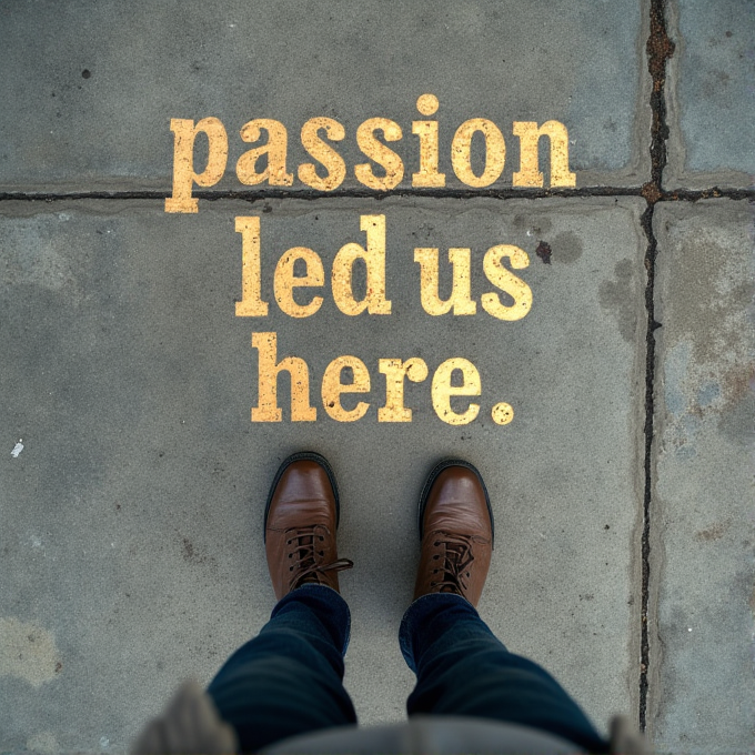 A pair of brown shoes on a sidewalk with the words 'passion led us here.' written in bold yellow letters.