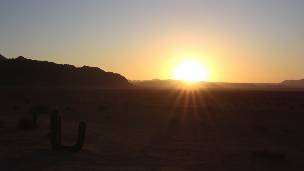 This captivating image captures a sunrise over a vast desert landscape, with the sun just above the horizon casting a golden glow over the scene. The silhouetted cactus in the foreground adds depth, while distant mountains frame the horizon. The soft hues of dawn transition from dark shadows to warm orange and yellow highlights.