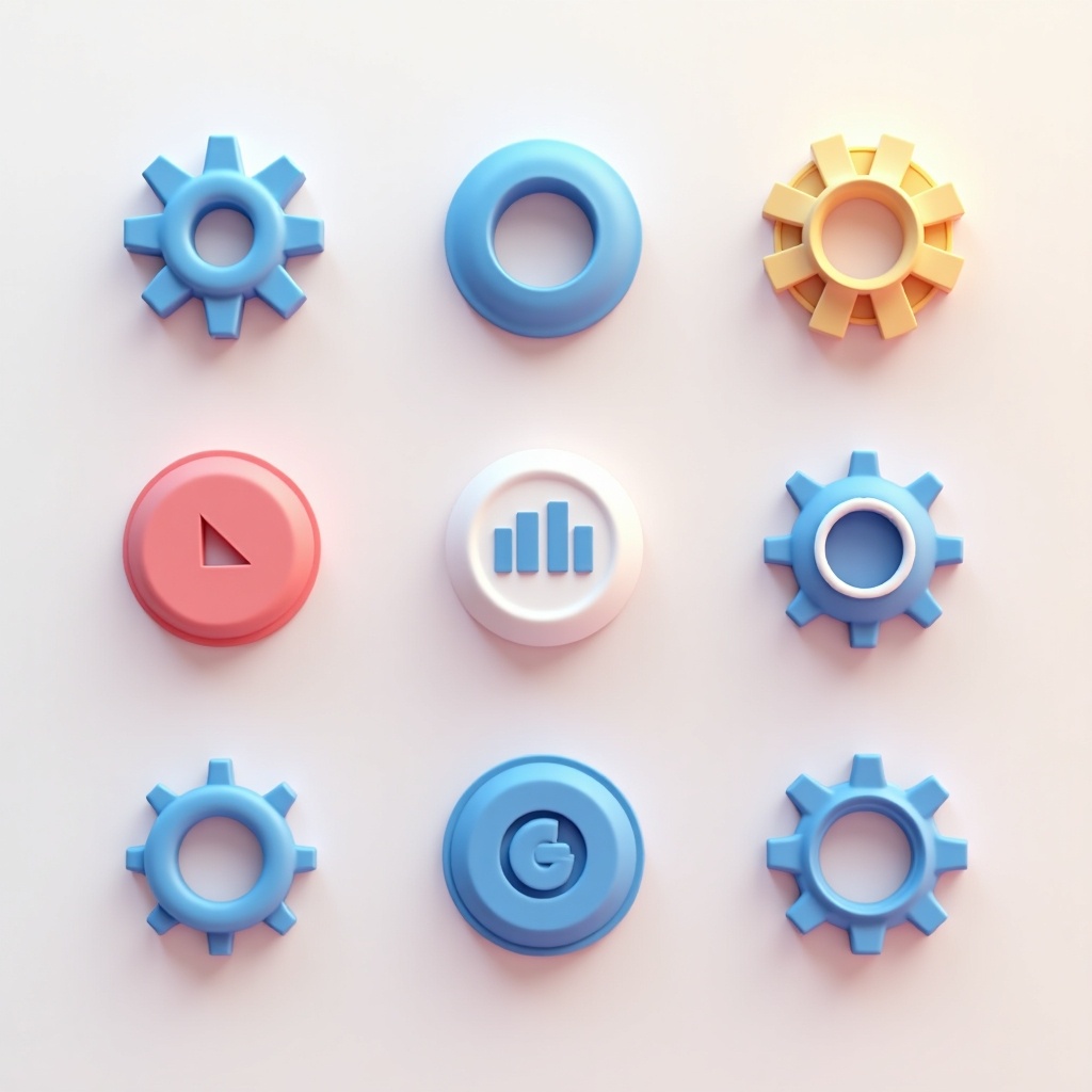 Three-dimensional representation of frontend technology components. Colorful icons arranged in a grid. Includes gears, buttons, and analytics symbols. Bright and modern design aesthetic.