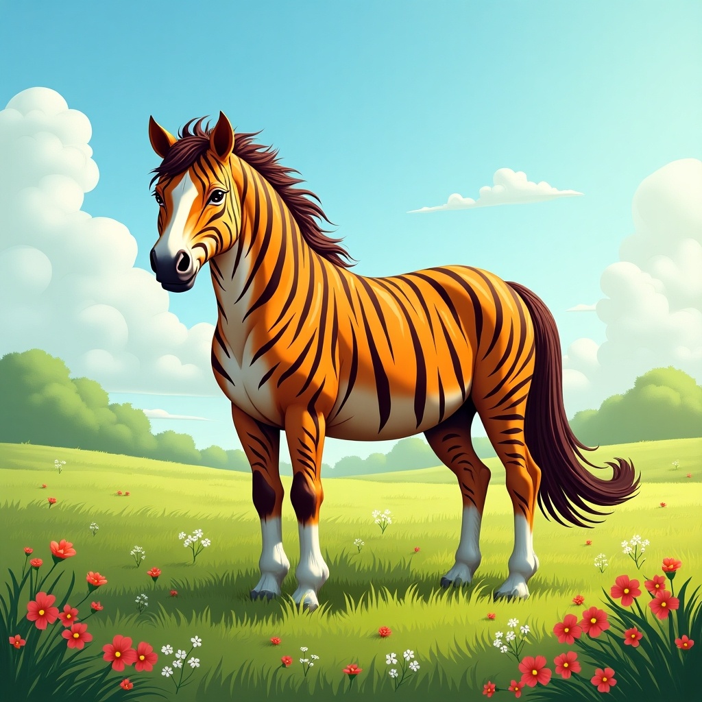 A vibrant and imaginative illustration of a horse with tiger-like stripes set in a picturesque meadow. The horse stands confidently among a field of flowers, showcasing its colorful coat and expressive features. In the background, fluffy clouds float in a bright blue sky, enhancing the cheerful atmosphere. This artwork is suitable for children's themes and educational materials, igniting a sense of wonder about nature and animals. The overall scene conveys warmth and playfulness, perfect for young audiences.