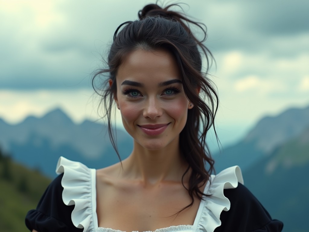 woman with dark hair and bright eyes smiling against a mountainous background, wearing a dress with ruffled white accents, daytime, soft lighting