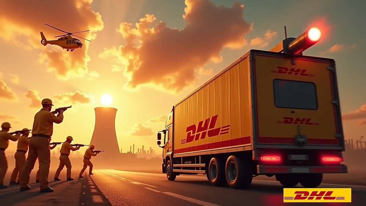 In a dramatic scene, a DHL delivery truck drives toward a nuclear power plant. The truck is outfitted with a laser cannon that fires a bright red beam. Nearby, delivery men in yellow uniforms are seen firing rifles. The sky is solarized by an intense sunset. Above, a DHL cargo helicopter flies into the scene, contributing to the dramatic action. The bottom of the image features 'DHL Express' in bold yellow lettering, emphasizing the brand.