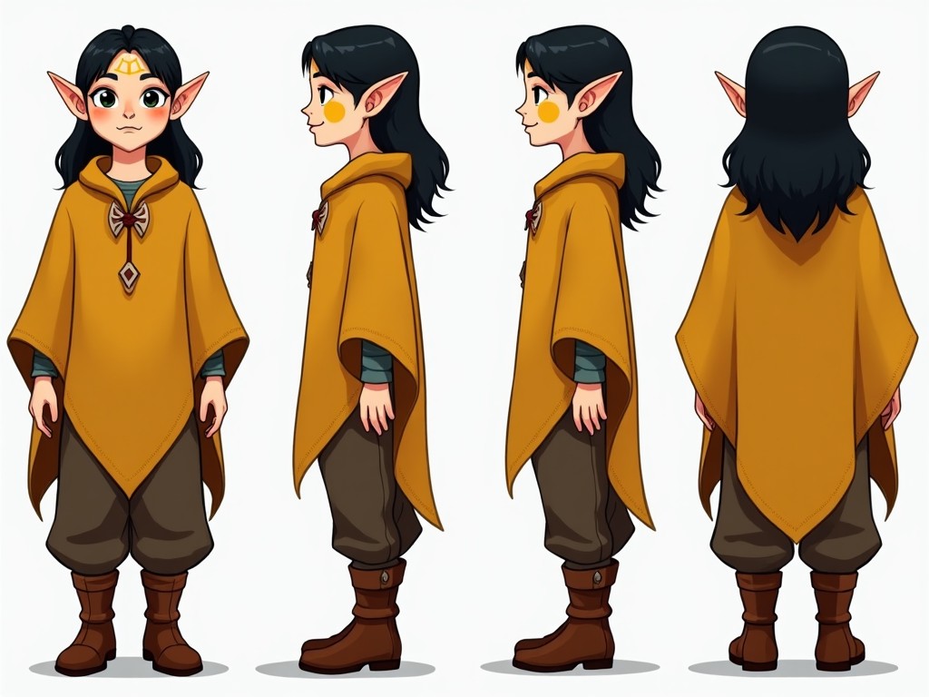 This image features a young female elf characterized by her medium-length black hair. She is dressed in a vibrant yellow poncho with intricate runic details, paired with brown baggy pants and sturdy leather boots. The design showcases her playful personality, accentuated by yellow circular face paint. The character is presented in multiple views: front, side, contraposto, and back. Each angle emphasizes different aspects of her attire and expression, making her an appealing figure in a fantasy setting.