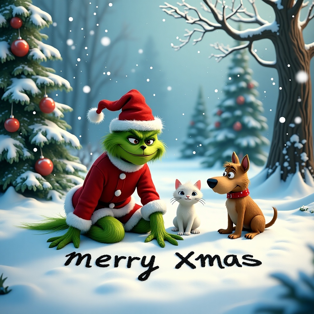 A whimsical wintry scene with the Grinch wearing a Santa outfit sitting beside Max the dog and a white cat on snowy ground. Surrounding snow-covered trees have Christmas ornaments. The Grinch writes 'merry xmas' in the snow. Snowflakes fall, creating a cheerful atmosphere.