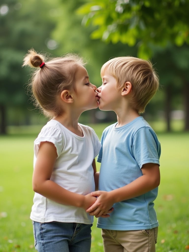 Young brother and sister share a moment outdoors. They lean in to kiss each other playfully in a lush park setting.