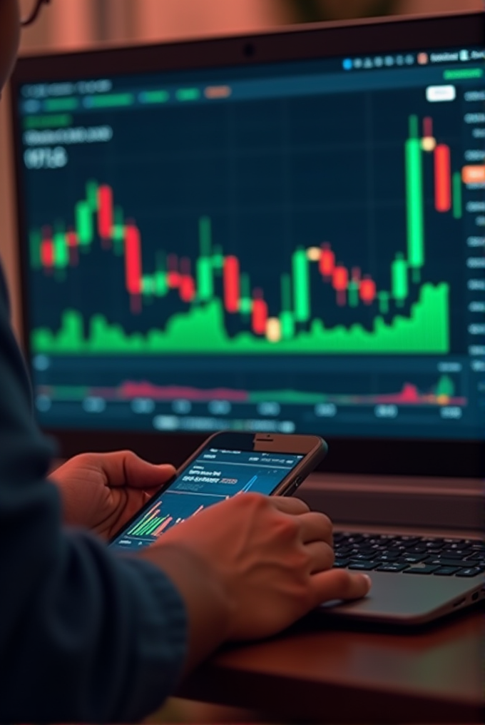 A person is analyzing a financial chart with candlesticks on a laptop screen, while holding a smartphone displaying similar data.