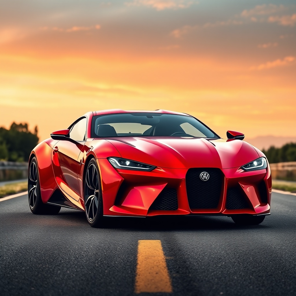 A sleek red sports car on an open road at sunset.