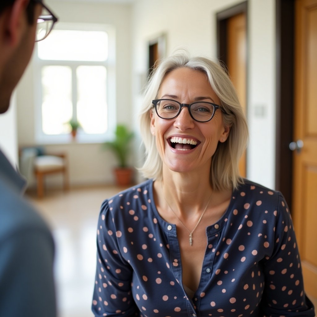 A client smiles in a bright and welcoming office setting with natural light and comfortable decor.