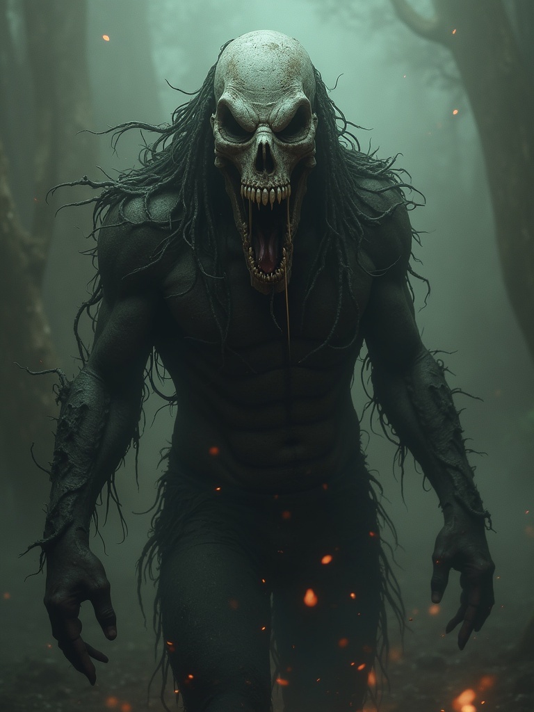 A horror-themed creature from a dark forest. A tall muscular figure with a skull face stands ominously. It has long eerie strands of hair and a terrifying snarl. Shadows and smoke create a spooky ambiance.