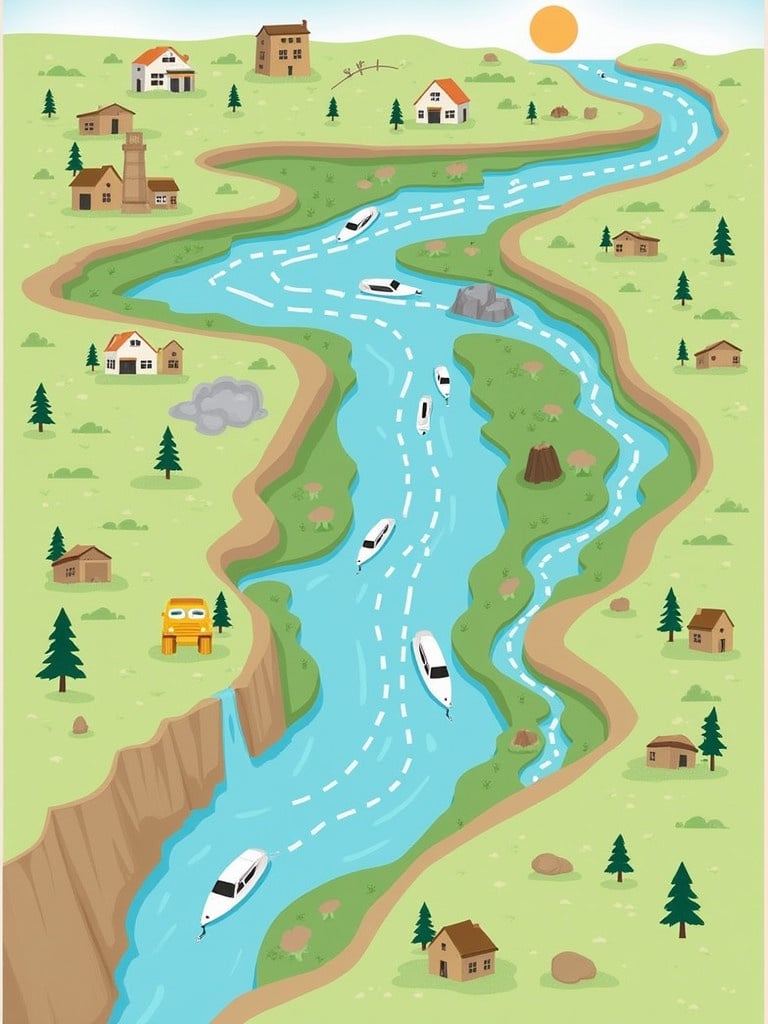 Illustration of a cartoon-style river flowing through a scenic green landscape. Various boats navigate through the river. Small houses and trees are present along the riverbanks. The sun shines brightly in the sky. Rippled water visuals depict motion. Smooth curves of the river create visual rhythm.