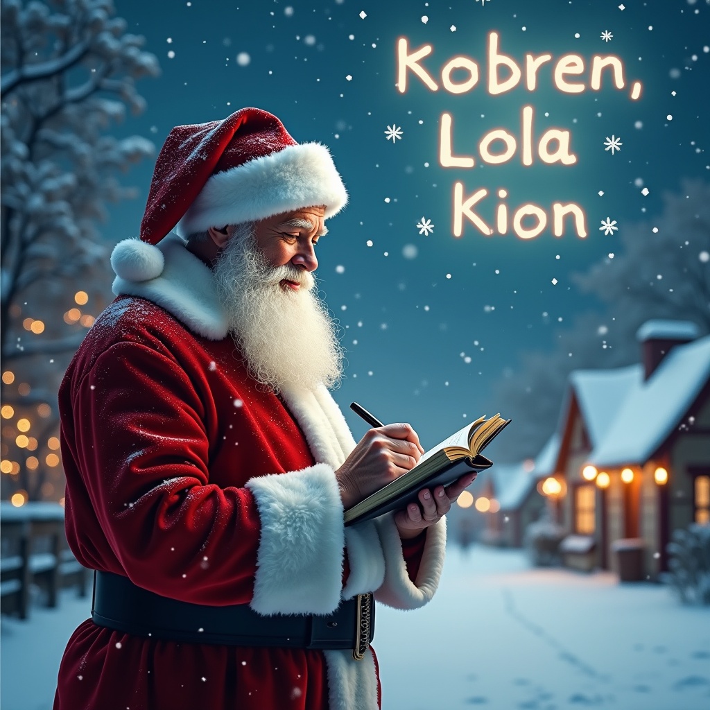 A snowy evening scene featuring Santa Claus. Santa is dressed in a red and white suit, focused on writing in a notebook. The village is illuminated by moonlight. Twinkling snowflakes are falling, creating a magical atmosphere.