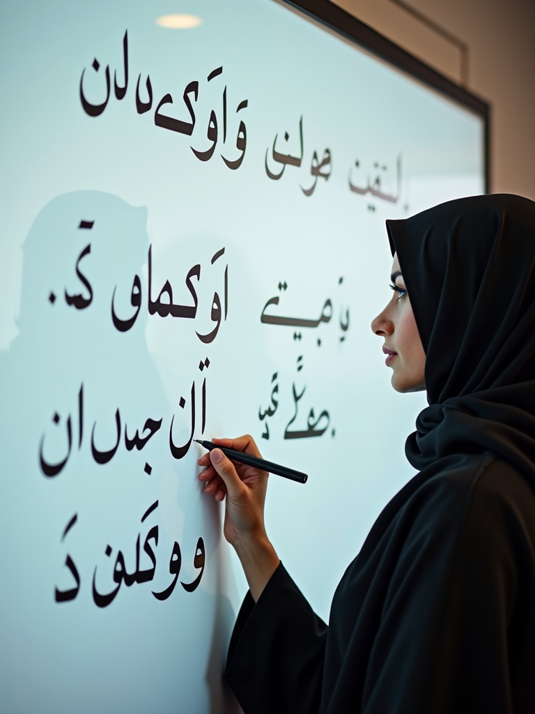 A woman in a black hijab writes on a whiteboard filled with Arabic script.