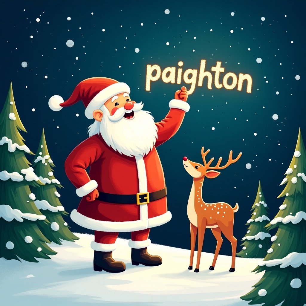 The image features Santa Claus joyfully writing names in the night sky. He stands in a snowy landscape, surrounded by tall evergreen trees. A playful deer is beside him, adding to the festive charm. The text 'paighton' is beautifully crafted with a sparkling effect. The entire scene radiates warmth and holiday cheer. This illustration captures the magic of Christmas for children and families alike.