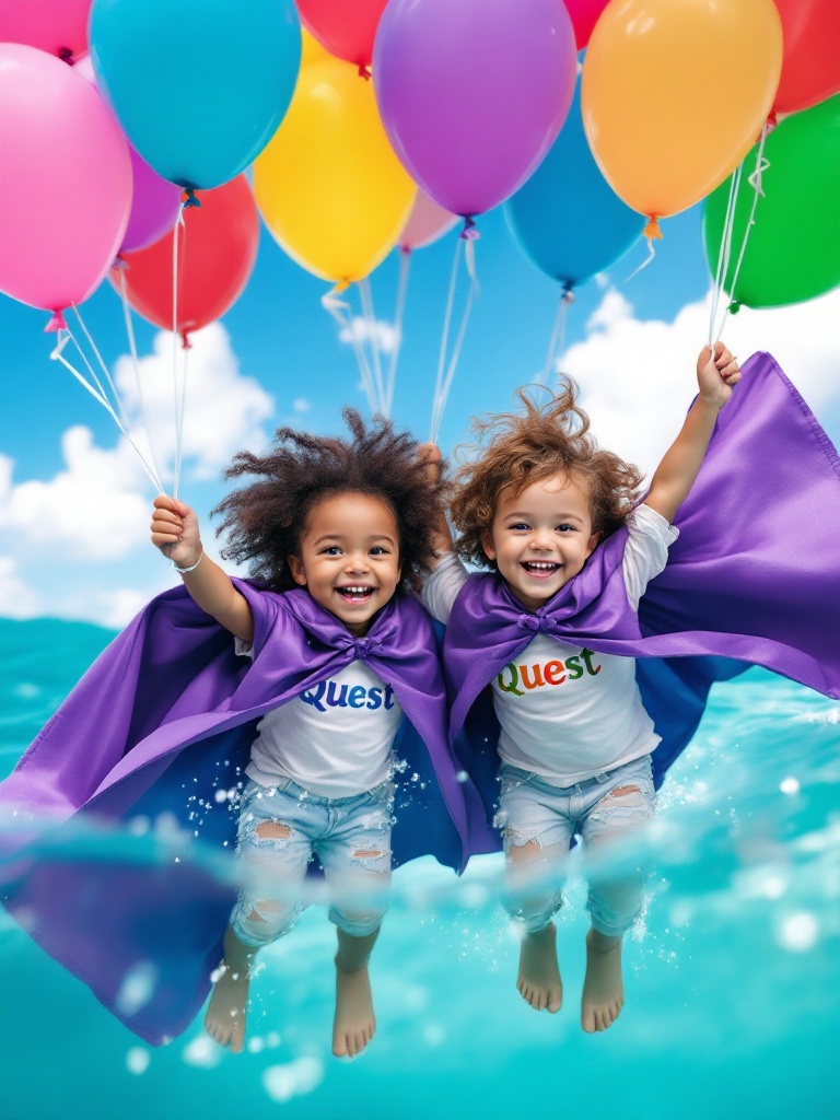 Two joyful four-year-old children float in the air with colorful balloons above them. They are wearing purple capes. One shirt has the word Quest embroidered. Their feet gently touch the Caribbean Sea below.