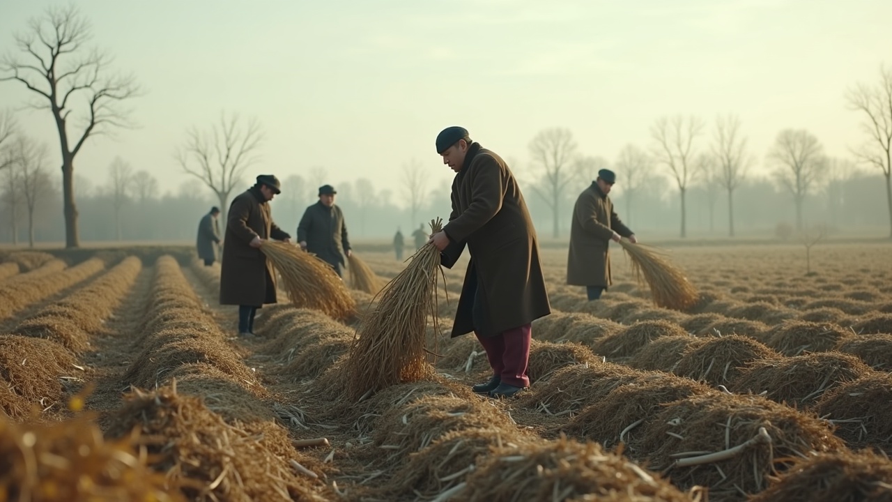 The image portrays a serene yet busy traditional farming scene at the onset of winter. Farmers clad in thick winter clothes are diligently finishing their harvest as frost begins to settle. The fields exhibit remnants of prior crops, depicting the transition from autumn to winter. The backdrop features almost bare trees, emphasizing the chill in the air characteristic of the season. The sky casts cool tones that enhance the calm but industrious atmosphere, which symbolizes both the conclusion of the farming year and the arrival of winter.