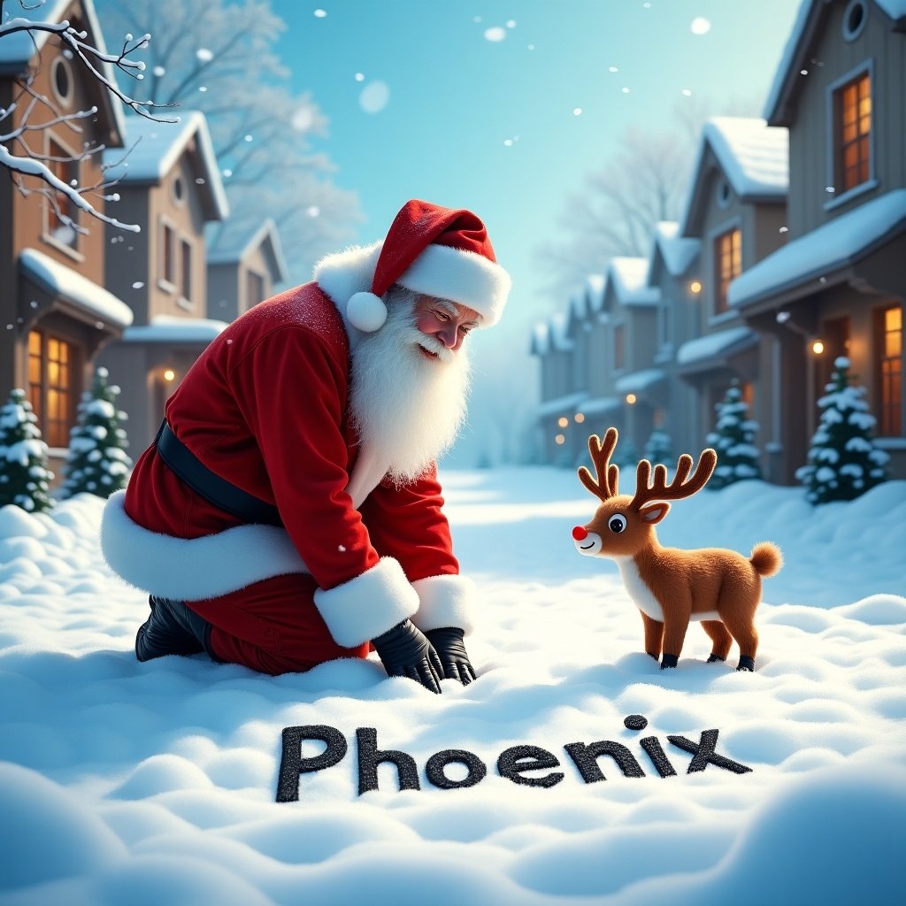 Santa Claus kneels in a snowy street. He writes the name ‘Phoenix’ in the snow. A cheerful reindeer looks on. The scene is festive and vibrant. Quaint buildings line the street. Soft winter light creates a warm glow. Ideal for holiday spirit imagery.