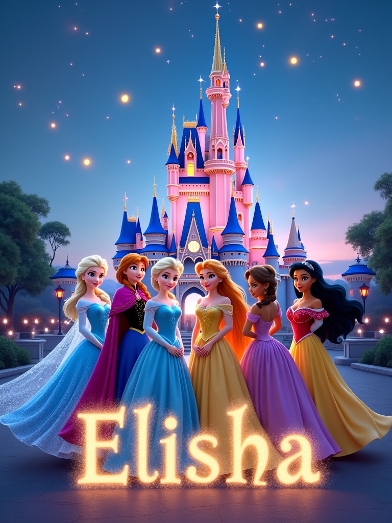 Illustration of Disney Princesses with Disney Castle in the background. The scene is magical. Name Elisha is prominently displayed. Glitter and sparkles enhance the fantasy feel.