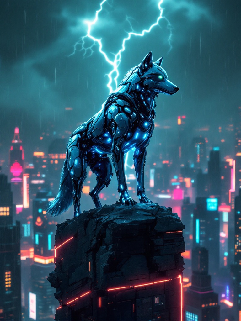 Cyberpunk scene featuring a cybernetic wolf with a metallic exoskeleton standing on a crumbling skyscraper. The wolf has glowing blue circuitry and neon green eyes. It poses alertly in a rain-soaked futuristic city with neon lights. The atmosphere has fog and smog with lightning in the stormy sky. Artistic style blends hyperrealistic and cyberpunk elements with vibrant colors.