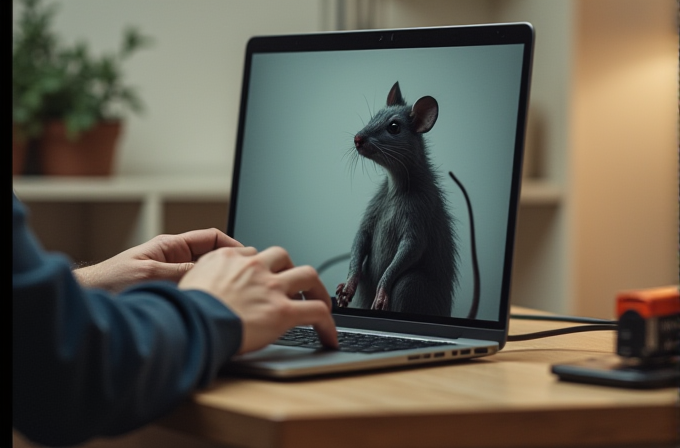 A person types on a laptop displaying a realistic image of a rat standing alert against a soft-focus indoor background.