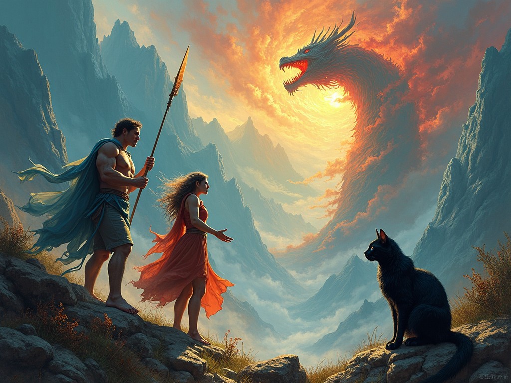 The image depicts a mythical scene filled with vibrant colors and dynamic figures. In the center, there are two powerful characters, one holding a spear and the other gesturing with hands raised. They are surrounded by swirling elements and a dragon-like creature emerges from behind them. The background features a lush, mountainous landscape, intertwining with ethereal forms. A dark cat-like creature sits in the foreground, adding a sense of mystique. The overall composition creates a sense of energy and otherworldliness, suggesting a clash between nature and supernatural forces.