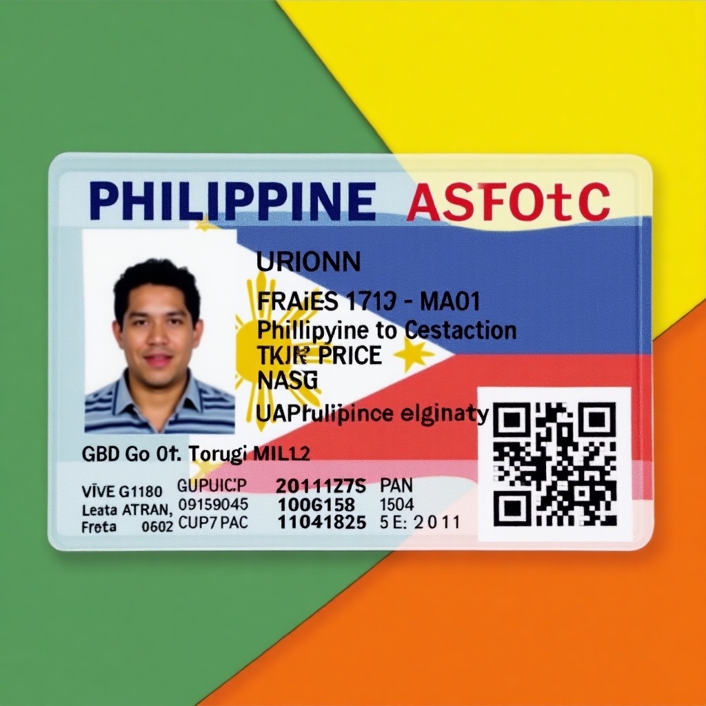 The image depicts a Philippine National ID featuring vibrant colors that reflect the country's flag. Centrally placed is a portrait of a person, serving as the main focal point. The ID includes various identifying details, such as a unique identification number and a QR code for verification purposes. Its professional layout ensures clarity in text and graphical elements. The bright background colors symbolize national pride, while the overall appearance captures a modern yet formal design. This ID is essential for identification in numerous contexts, showcasing the significance of national identity.