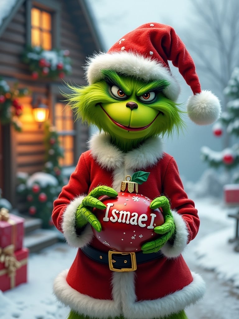 Grinch character wearing Santa outfit. Green skin and playful expression. Snowy background with cozy house and Christmas decorations. Wrapped gifts nearby. Holds ornament labeled Ismael.