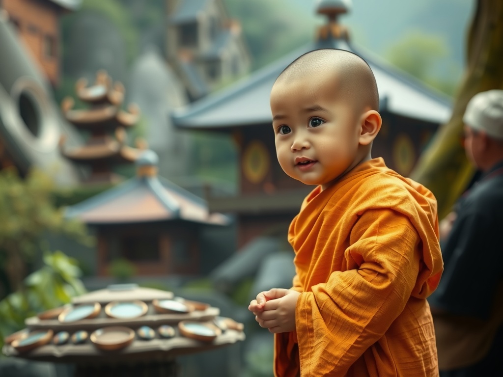 A young child in traditional orange robes in a serene temple setting.