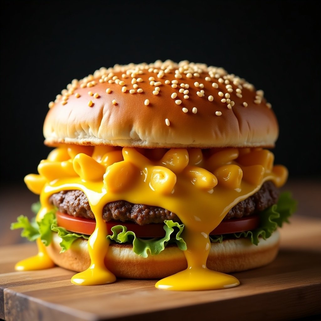 Double burger features mac and cheese. Cheese sauce drips down the sides. Bright and vivid colors. Focus on the delicious ingredients. Close-up presentation.