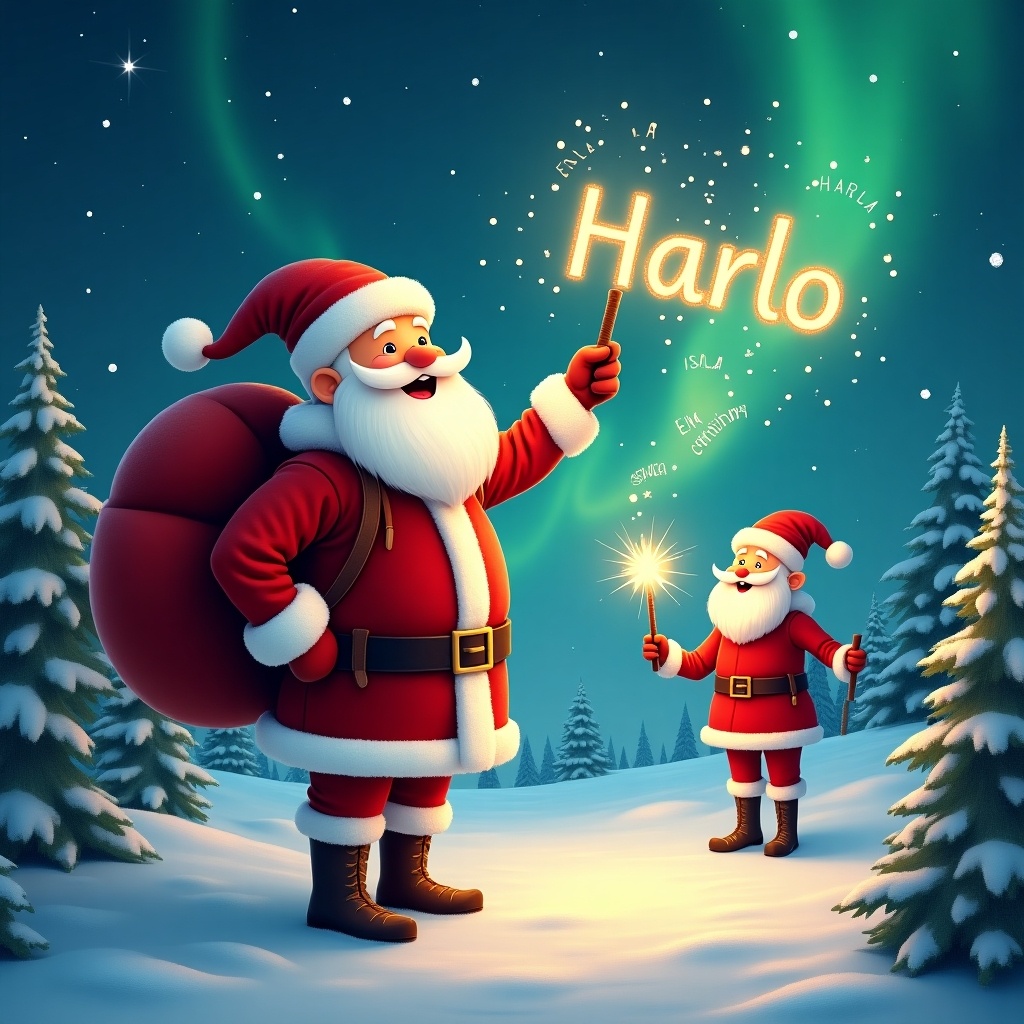 The image features a cheerful Santa Claus standing in a snowy landscape, smiling joyfully. He has a large red sack slung over his shoulder and holds a sparkly wand that writes names in the air. Dressed in his classic red-and-white outfit, Santa appears warm and inviting against a backdrop of twinkling stars and pine trees. Beside him, an elf on the shelf looks upwards, also using a wand to inscribe the name 'Harlo' in the sky. The vibrant colors of the northern lights create an enchanting atmosphere, enhancing the festive mood of this Christmas scene.