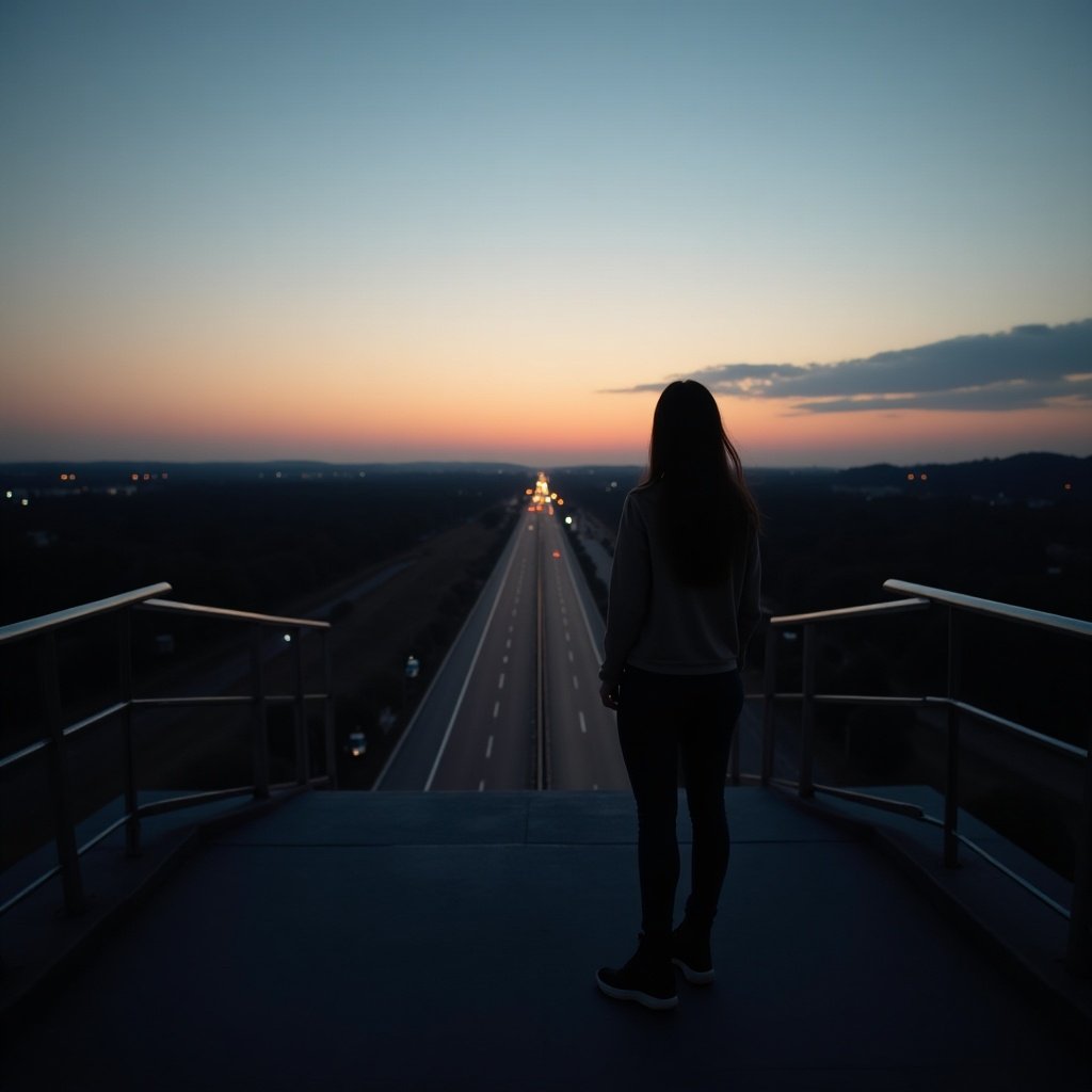 Person stands on an elevated platform overlooking a long empty road at twilight.