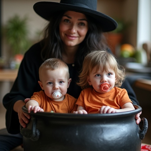 Two children sit inside a large black cauldron. A boy has a pacifier. A girl has a pacifier. The children wear orange shirts. Their mother wears a witch costume. She pretends to cook the children for dinner.