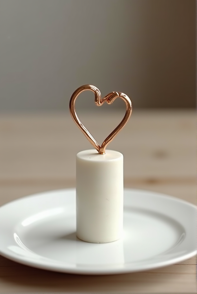 A white cylindrical candle topped with a delicate wire heart resting on a white plate.