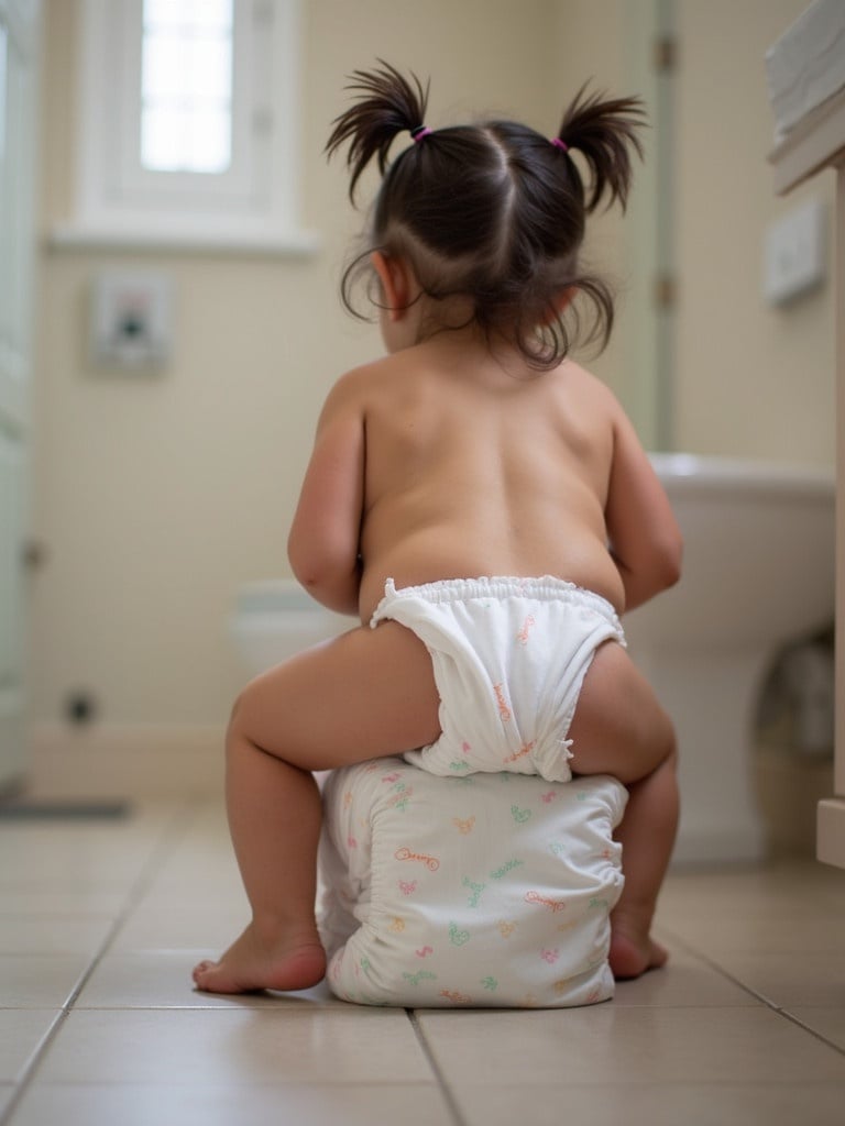 Image of a toddler with two pigtails wearing a diaper. The child is sitting on a diaper in a bathroom setting. The bathroom has light green walls and natural light coming through a window.