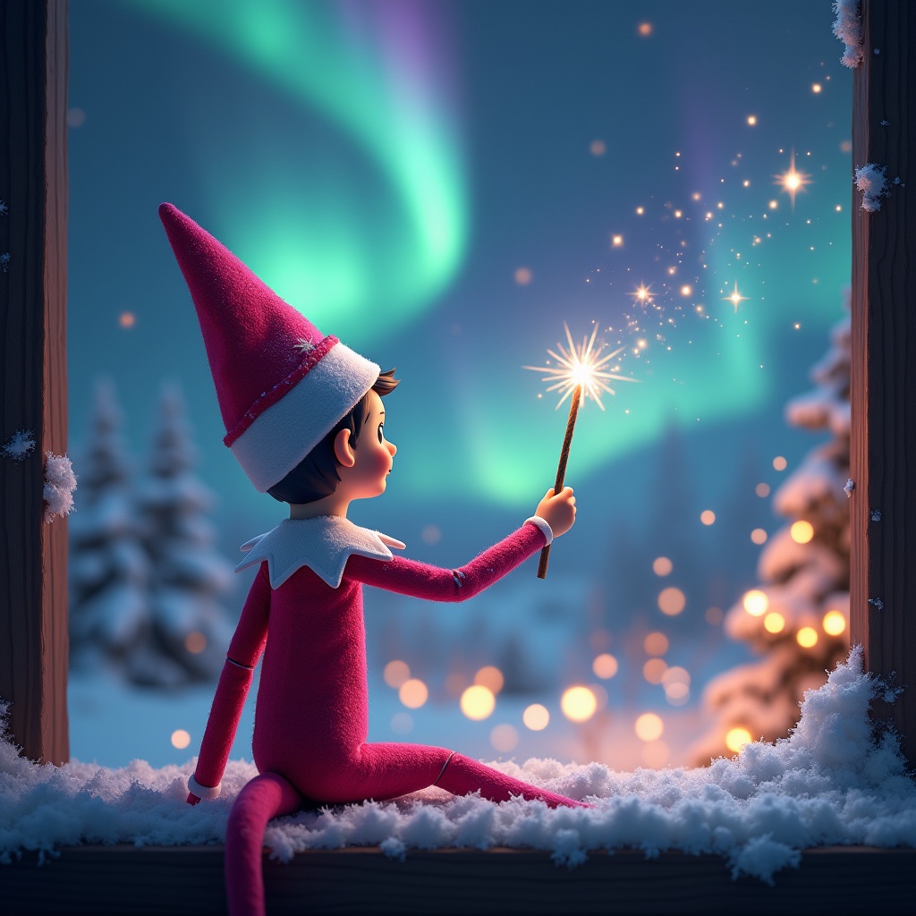 A pink elf on the shelf sits with his back to the viewer, gazing up at the night sky. He is using a wand to create sparkling letters spelling 'Camerin' in the air. The background features a magical Christmas scene with northern lights illuminating the snowy landscape. Soft, colorful lights twinkle in the background, adding to the festive atmosphere. Snow-covered trees and a hint of Santa Claus further enhance the enchanting winter setting.