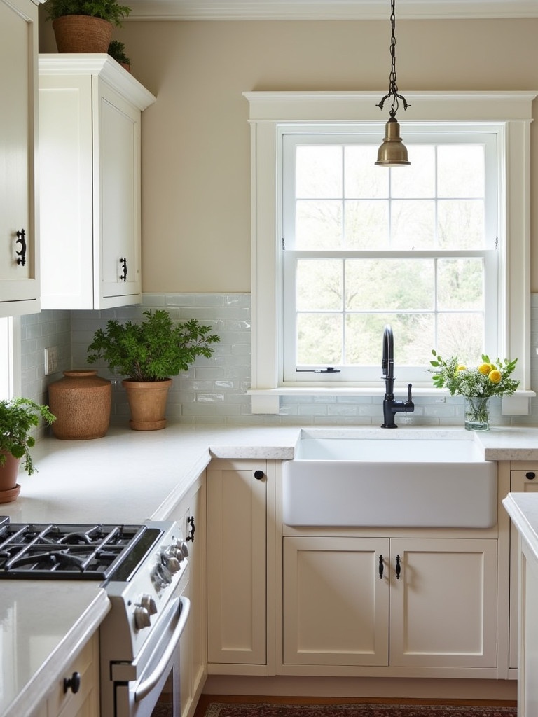 Cozy traditional kitchen features white cabinetry. Large farmhouse sink positioned under window. Warm wooden elements and greenery accentuate the space. Overhead pendant light provides illumination. Kitchen has a clean and inviting atmosphere.