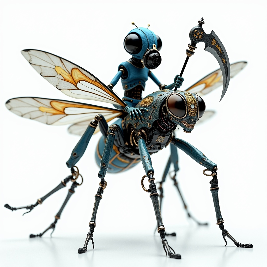 Portrait of a blue frog with a black gas mask wielding a scythe. Frog is menacingly posed, riding a beautiful robotic fly. Fly is designed in a cyberpunk style. Environment is bright and clean with dome lighting. Fly features elegant baroque decoration and glass wings. Composition is dynamic with high-quality details.