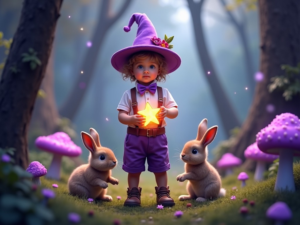 A whimsical forest scene featuring a young child in a purple hat holding a glowing star, surrounded by cute bunnies and purple mushrooms, set in a dreamlike atmosphere