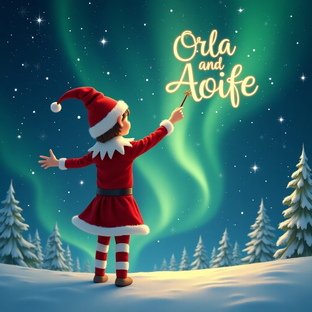 Elf with red and white striped trousers stands facing the sky. The elf uses a wand to write 'Orla and Aoife' in the sky. Magical Christmas atmosphere with enchanting northern lights. Snow-covered trees in the background create a winter wonderland.