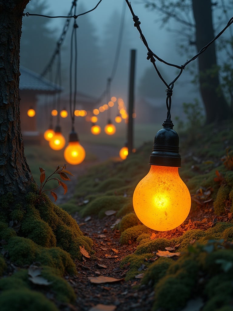 Village scene with yellow bulbs glowing in the mist Light bulbs are hanging from wires above a narrow path Surrounded by trees and soft moss on the ground A warm and inviting atmosphere