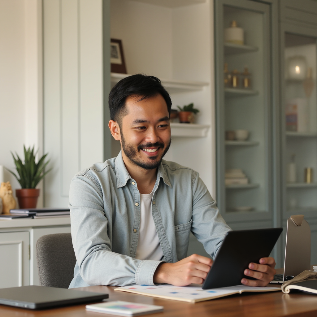 A man is smiling while working on a tablet at a desk in a home office.