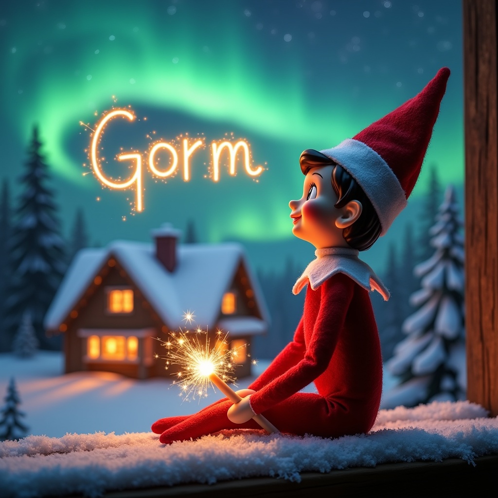 An elf doll sits on a snowy ledge with its back to the viewer, gazing up at the beautiful northern lights. It holds a sparkling wand that emits bright lights, creating a magical atmosphere. In the distance, a cozy house is decorated for Christmas, with glowing lights and a welcoming feel. The snow-covered ground enhances the winter scene. The elf's playful posture captures the spirit of Christmas, and the name 'Gorm' is formed in sparkling letters in the air, adding to the festive magic of the moment.