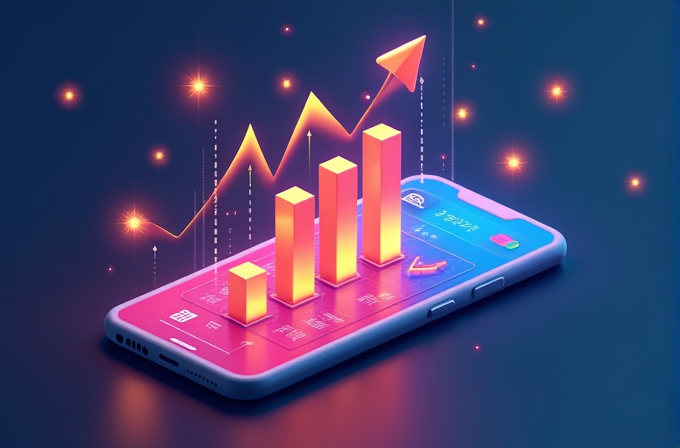 A futuristic illustration of a smartphone displaying a glowing 3D bar chart with an upward arrow, symbolizing growth.