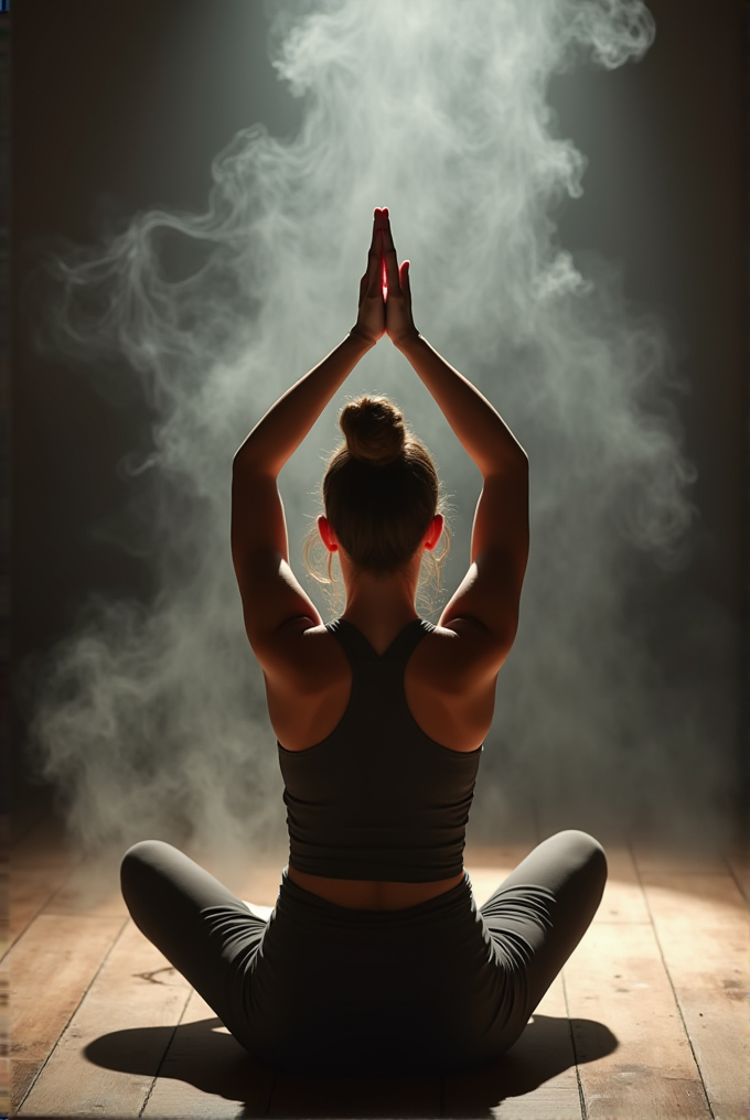 A woman sits in a meditative yoga pose, hands raised, with light creating a mystical smoke effect around her in a dimly lit room.