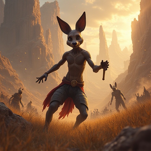 Image of a fantasy character resembling a plant-based creature dancing amongst a war setting with other figures in the background.