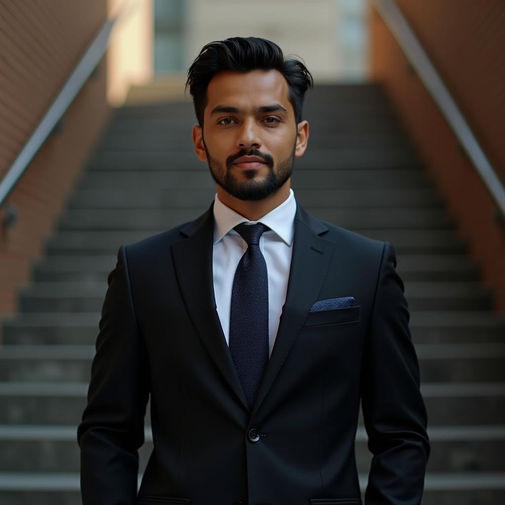 A sharply dressed man stands confidently in front of modern urban steps.